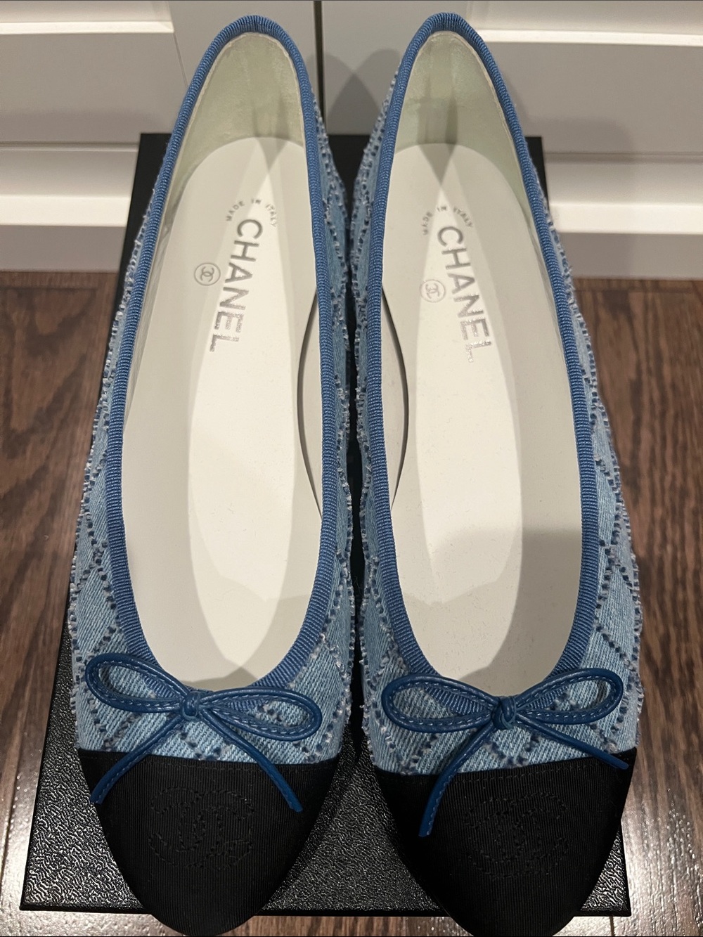 CHANEL Light Blue Denim and Black Cap-Toe Ballet Flats